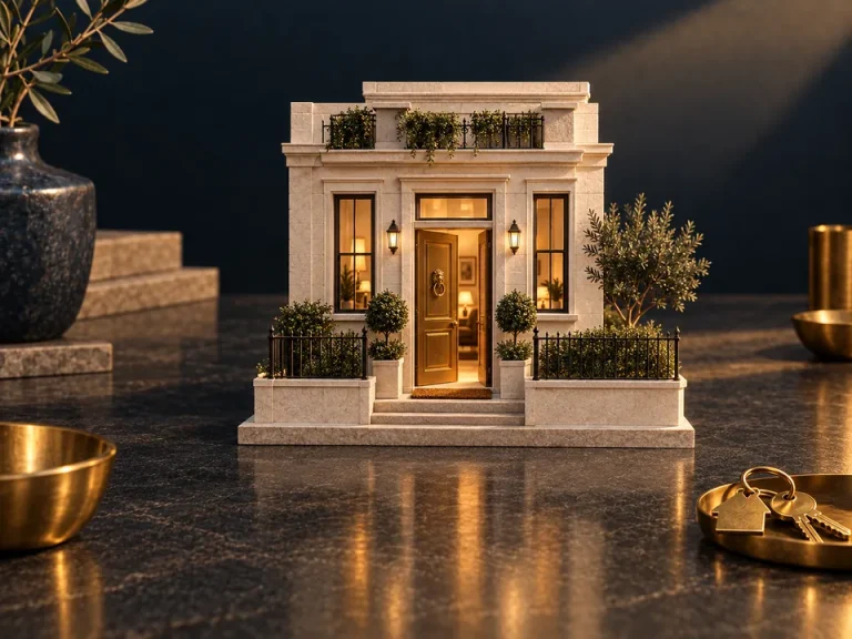 Ilustración generada con IA: fachada en maqueta con la puerta entreabierta y luz cálida