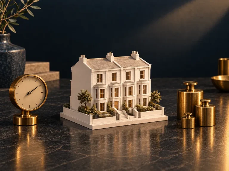 Ilustración generada con IA: maqueta de casas adosadas con un indicador y pesas de latón