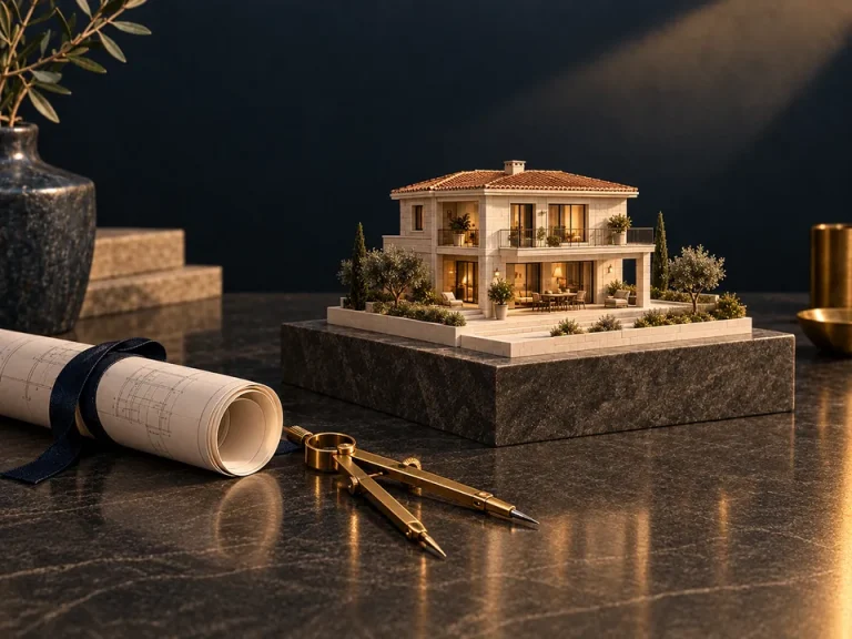 Ilustración generada con IA: maqueta de chalet sobre pedestal con plano y compás